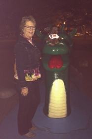 The moose with Kelowna's legendary lake monster, Ogopogo and Sue Moser